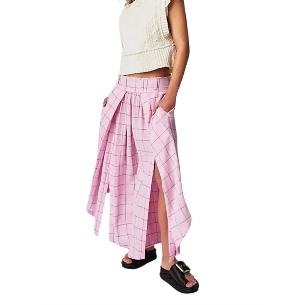 Free People Lunar Cove Women’s Pink Check Flowy Pants with Side Slits Size XS